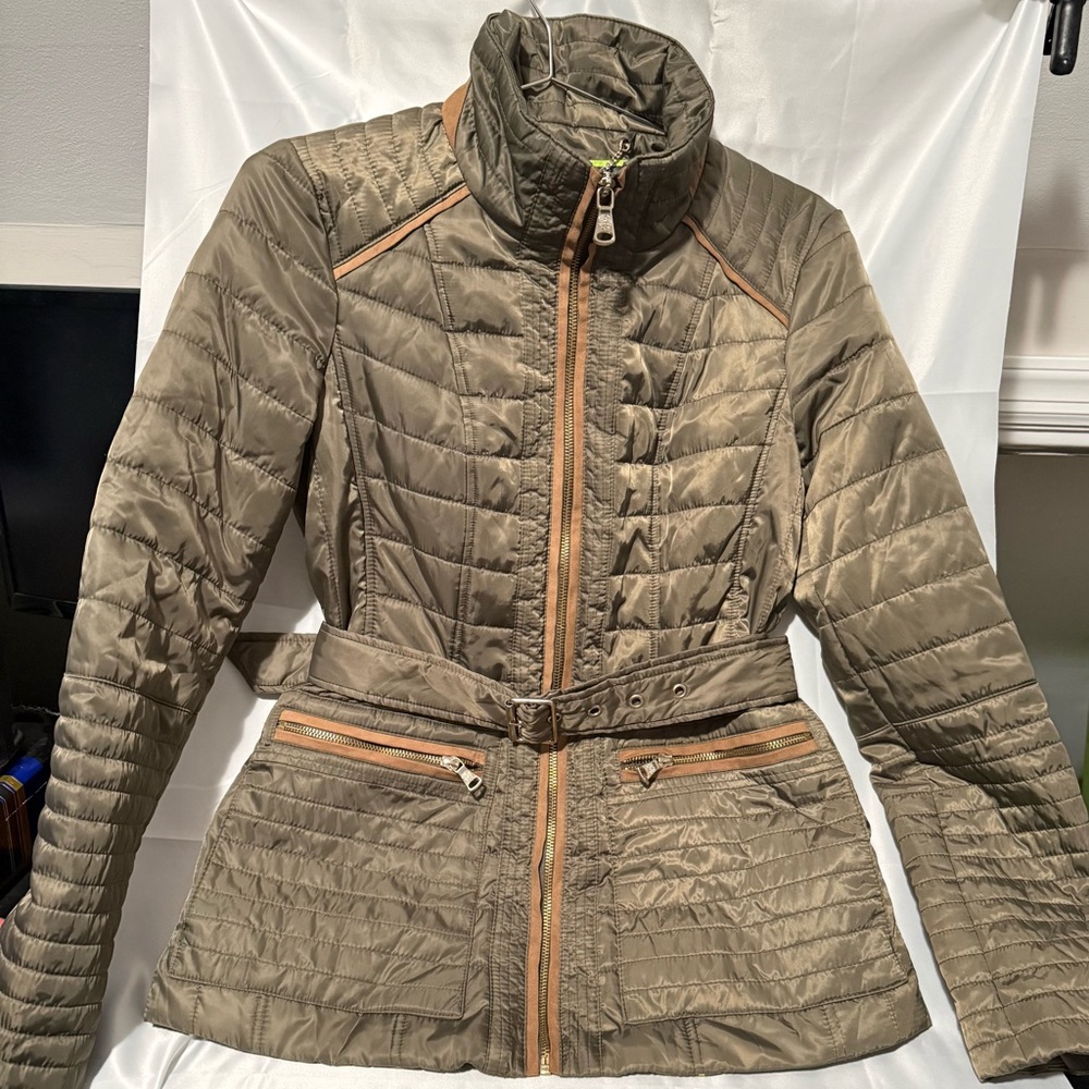 Vince Camuto Olive Puffer Jacket with Tan Accents